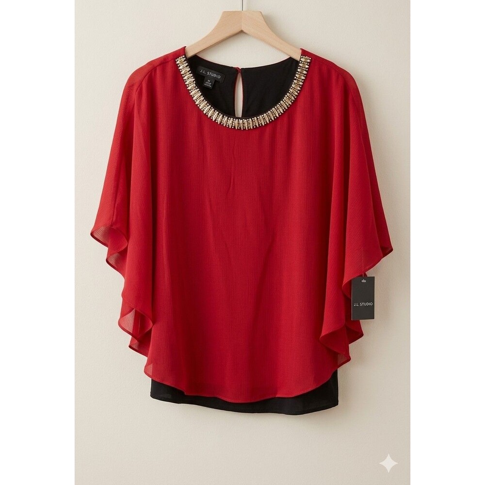 I.N. Studio red layered blouse featuring a sheer chiffon overlay beaded  Neck M